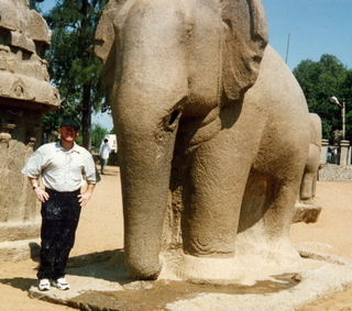 19 35o. Satish-Geeta wedding in Madras, India - Adam and elephant statue in Mahabalipuram close-up