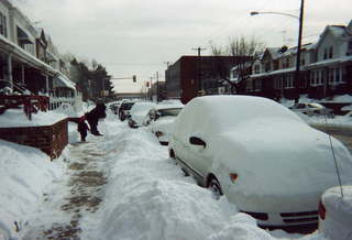 snowy street outside Montijo home