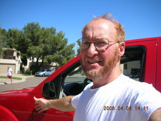 Adam and bright red truck rental