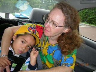 347 5xq. Morris Arboretum -- Gaby and Betsy in car