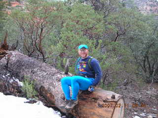 502 62b. Sedona -- Secret Canyon hike -- fallen, cut tree -- Adam