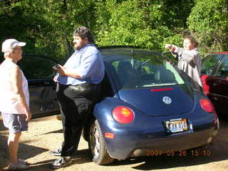 Laine, Mike, and Helen with the blue beetle in Hastings, Minnesota