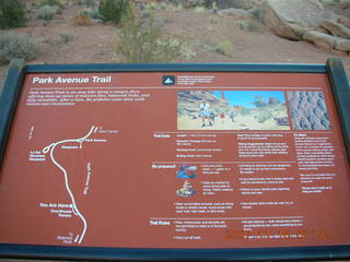 39 6bj. Arches National Park - Park Avenue Trail at daybreak - sign