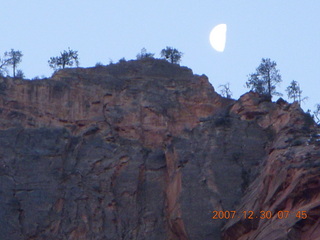 45 6cw. Zion National Park - low-light, pre-dawn Virgin River walk - moon