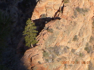 89 6cx. Zion National Park - sunrise Angels Landing hike - view from the top - knife edge zoomed in