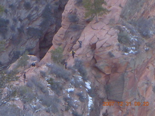 111 6cx. Zion National Park - sunrise Angels Landing hike - view from the top - knife edge with hardy hikers