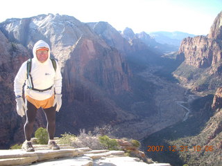 136 6cx. Zion National Park - sunrise Angels Landing hike - Adam at the top
