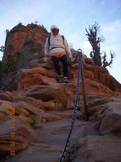 144 6cx. Zion National Park - sunrise Angels Landing hike - Adam climbing down chains
