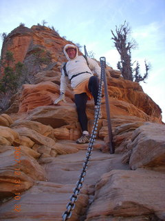 145 6cx. Zion National Park - sunrise Angels Landing hike - Adam climbing down chains