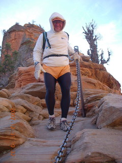 146 6cx. Zion National Park - sunrise Angels Landing hike - Adam climbing down chains