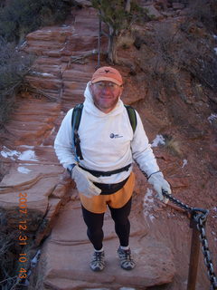 147 6cx. Zion National Park - sunrise Angels Landing hike - Adam climbing down chains