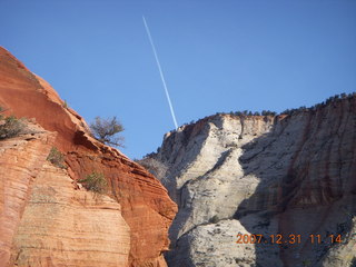 188 6cx. Zion National Park - sunrise Angels Landing hike - jet contrail