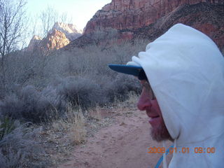 54 6d1. Zion National Park - sunrise Watchman hike - Adam in hood