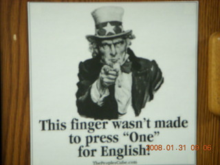 2388 6dx. 'This finger wasn't made to press `One' for English' sign