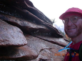 105 6eu. Zion National Park - Angels Landing hike - Adam on scary part with chains