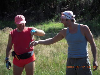 Adam and Dustin and garter snake - hiking at Pine Valley, Utah