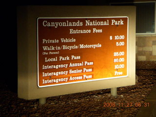 Canyonlands National Park - rate sign in headlights