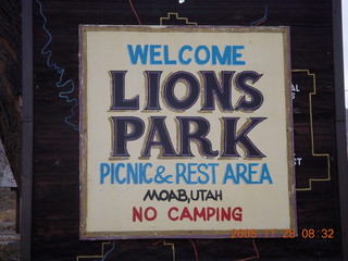 Lions Park sign near Moab bridge across the Colorado River