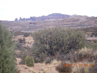 Moab Fault sign seen from road in Arches National Park