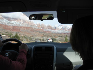 23 6qg. beth's Saturday zion-trip pictures - striking view and clouds going to zion from inside car