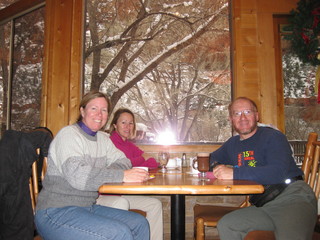 beth's Sunday zion-trip pictures - Beth, Debbie, and Adam having breakfast at the Zion Lodge