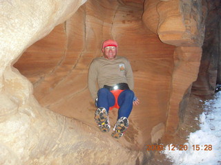 85 6ql. Zion National Park - Angels Landing hike- Adam in rock in Refrigerator Canyon with crampon bottoms
