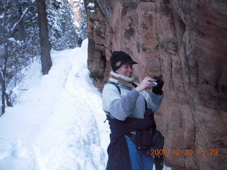 88 6ql. Zion National Park - Angels Landing hike - Beth taking a picture