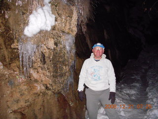 20 6qm. Zion National Park - icicles and Adam with flash