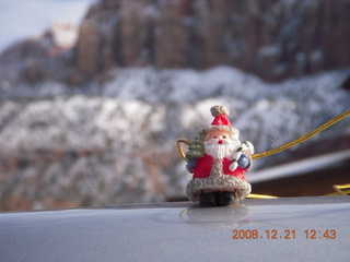 drive from zion to saint george - Christmas ornament we found and blurry scenery