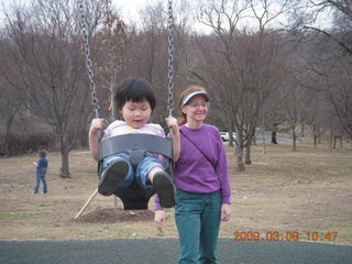 424 6t8. Cecelia and Betsy at the swings