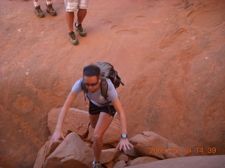 Arches National Park - Fiery Furnace hike - hiker crossing