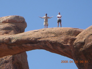 Arches National Park - Devil's Garden hike - two fellows atop Double-O Arch