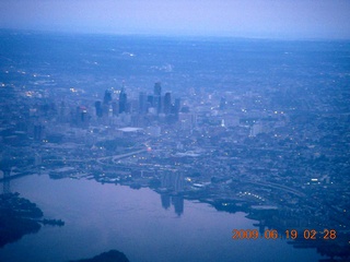 aerial - Philadelphia skyline at cloudy dawn