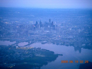 aerial - Philadelphia skyline at cloudy dawn