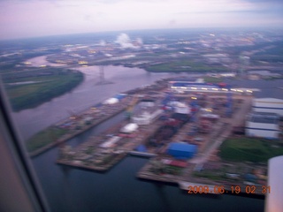 aerial - Philadelphia shipyard at cloudy dawn