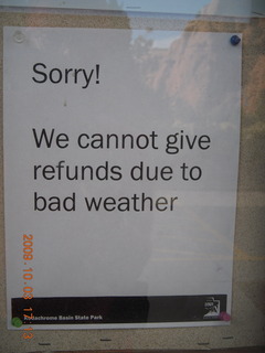 201 703. Kodachrome Basin State Park - sign - We cannot give refunds due to bad weather