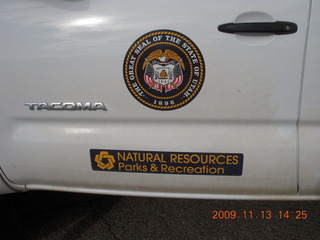 269 71d. Goblin Valley State Park - Utah state parks logo on truck