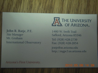 121 778. telescope at Mt. Graham - John's card