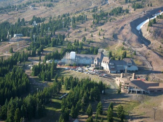 aerial - Oregon - Mount Hood - Overlook Hotel from The Shining