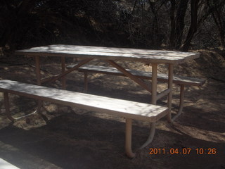 133 7j7. Canyonlands Lathrop hike/run - riverside picnic table at (tripod)