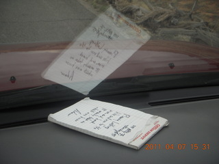 note left in car for long hike/run at Canyonlands Lathrop