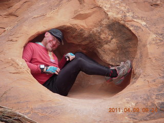 94 7j9. Arches Devil's Garden hike - Adam in hole in rock