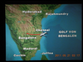 India - map showing diverted path back to Chennai (Madras, MAA)
