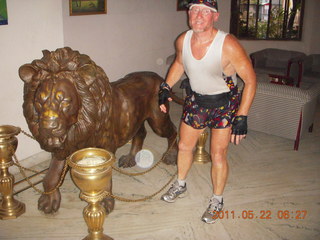 India - after Puducherry (Pondicherry) run - Adam with hotel lion