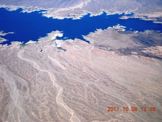 aerial - Big Bear Lake area - sudden change from green to brown