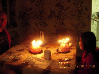 Betsy and two lit-candle cakes and Cecelia