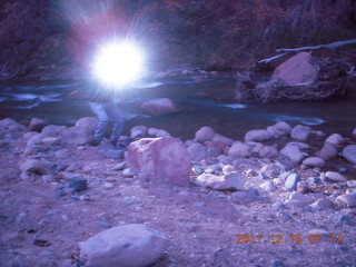 10 7sf. Zion National Park - pre-dawn Riverwalk - Gokce taking a picture on the Virgin River`