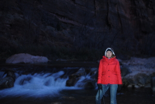 Zion National Park - pre-dawn Riverwalk - Gokce taking a picture on the Virgin River`