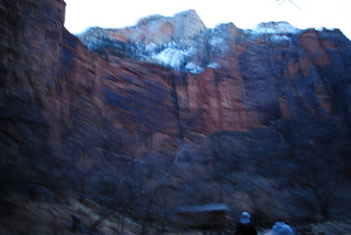 Zion National Park - pre-dawn Riverwalk - icy warning signs, Gokce taking a picture of Olga