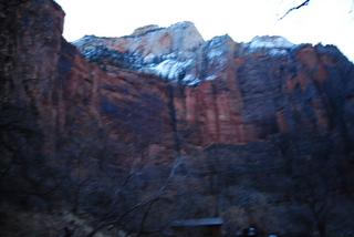 Zion National Park - pre-dawn Riverwalk - icy warning signs - Gokce taking a picture of Olga